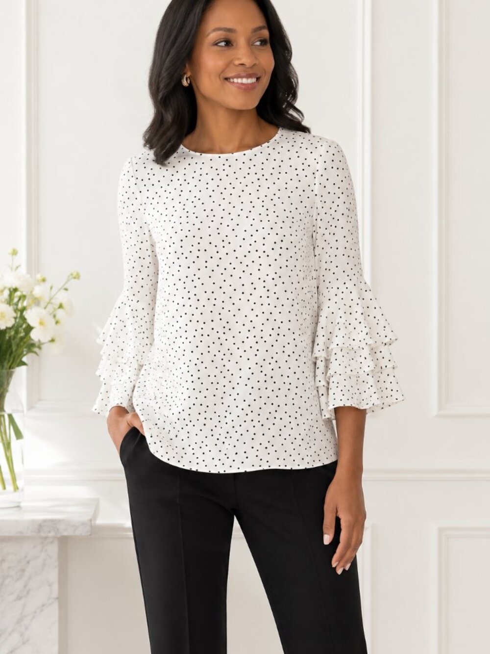 NWT Lafayette 148 New York Meg Ruffle Sleeve Silk Cloud Multi Blouse Top L